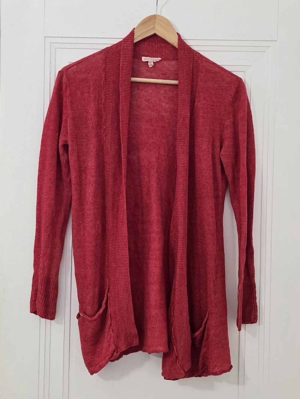 Eileen Fisher 100% Linen Open-Front Coral Red Cardigan Sweater, Front Pockets, M
